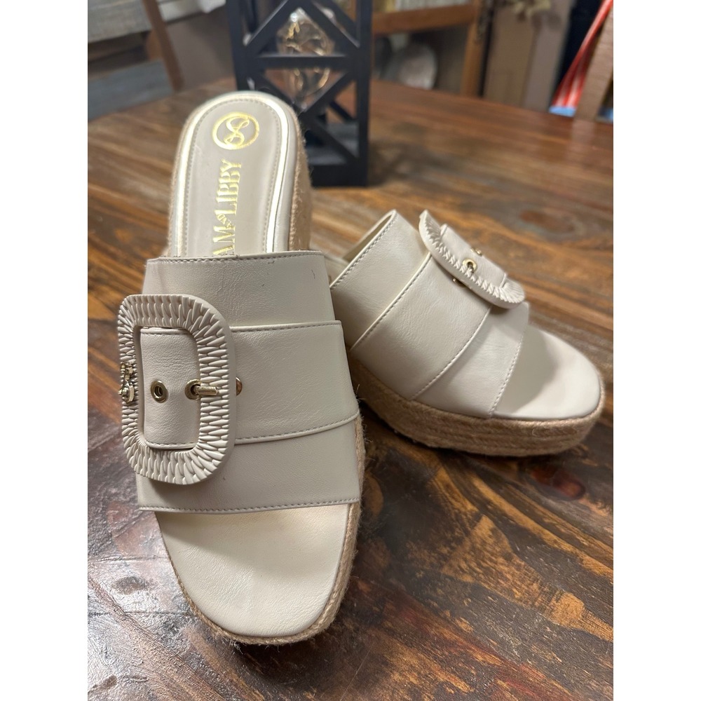 SAM‎ & Libby Crysta Sandals Cream Espadrille Wedge Slides Buckle Size 11